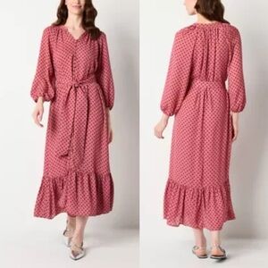 NWT Julia Jordan Printed Dots Chiffon V-Neck Long Sleeve Midi Pink Dress Sz 4
